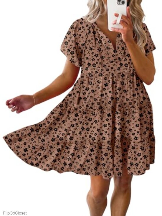 Dresses & Skirts - Womens Boho Floral V Neck Sundress Flowy A-Line Mini Dress Short Sleeve Summer